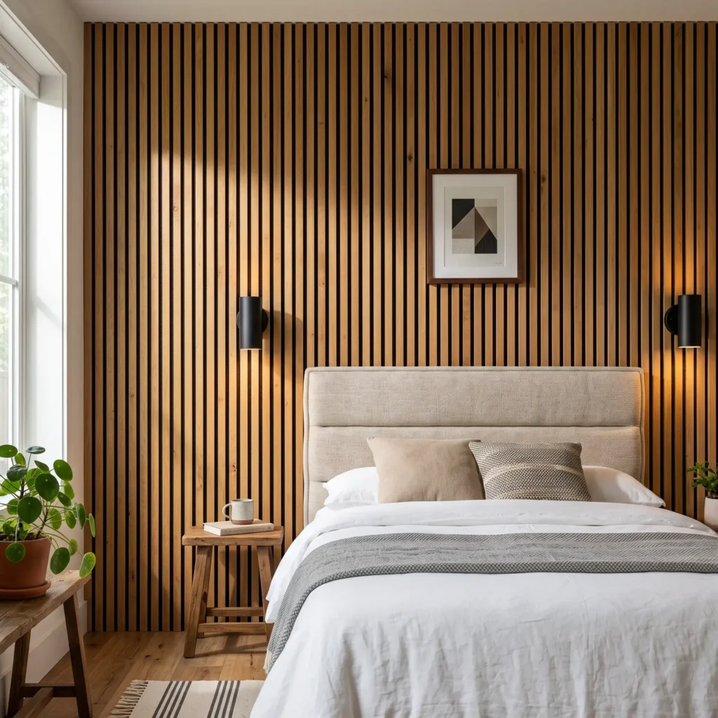 Vertical natural oak acoustic wood slat wall behind a bed in a narrow modern bedroom.