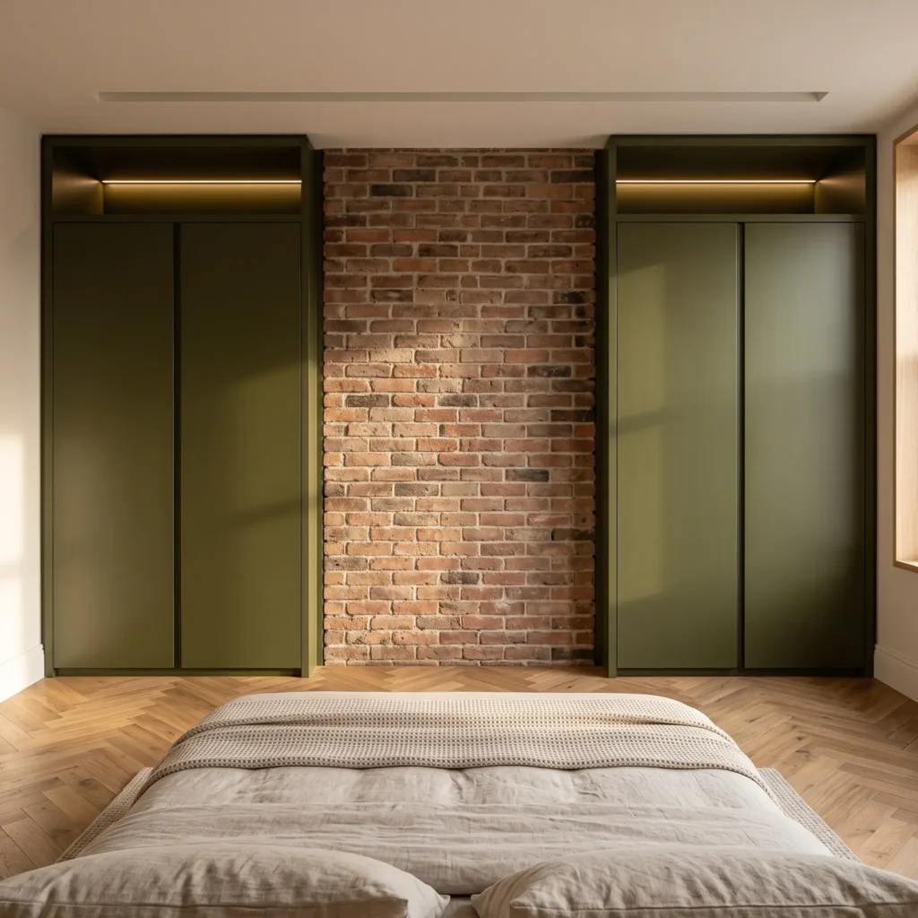 Custom built-in wardrobes fitted flush into bedroom alcoves flanking a masonry chimney breast.