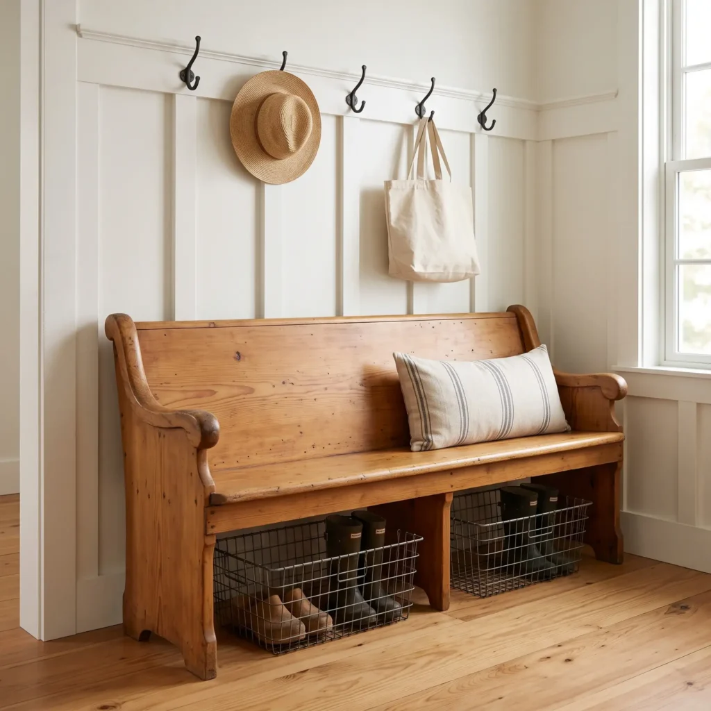 Antique reclaimed pine church pew bench styled in a farmhouse entryway with board and batten wall paneling.