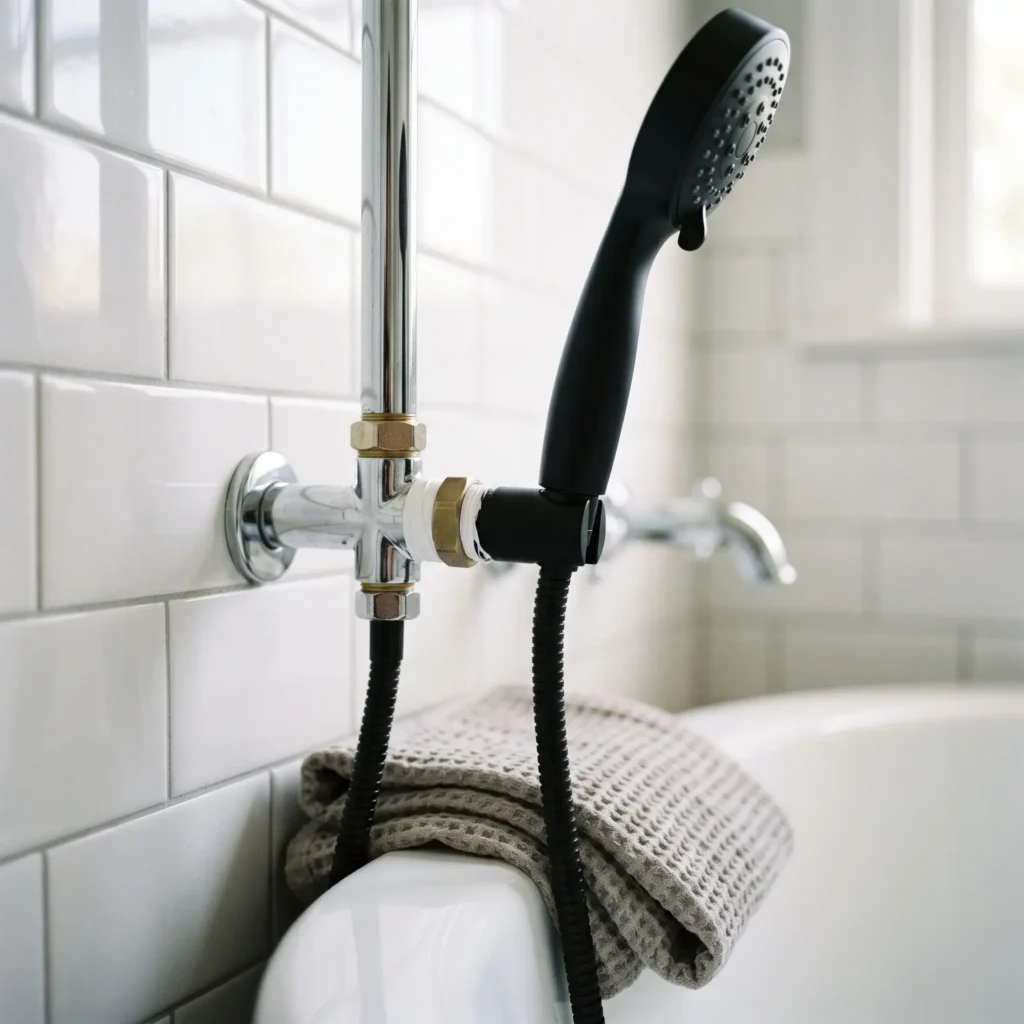 Handheld matte black showerhead installed on a chrome shower arm with clean white thread seal tape visible on the plumbing connection.