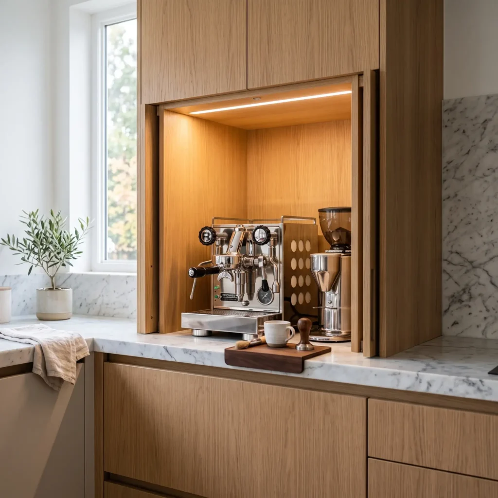 Countertop appliance garage with open pocket doors revealing a coffee station and built-in electrical outlets.