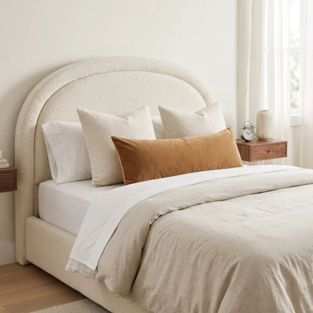 Curved white bouclé upholstered full bed with layered neutral bedding and floating bedside table in a teen bedroom.