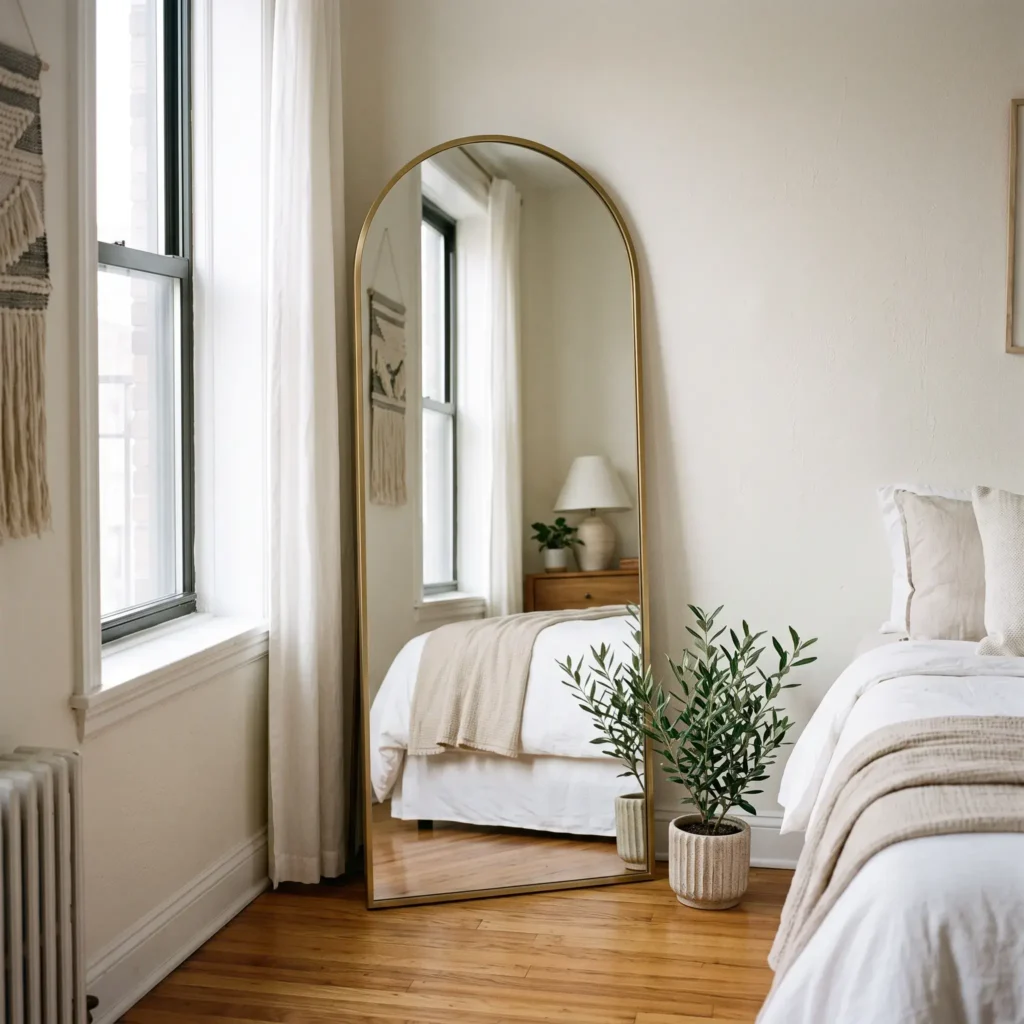 A tall brass arched full length mirror leaning against the wall in a studio bedroom corner reflecting daylight.