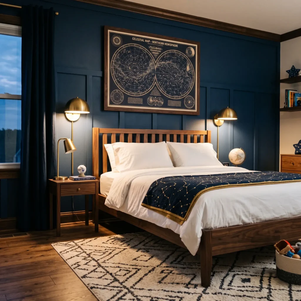 Sophisticated navy blue kids bedroom featuring star map artwork, warm brass sconces, and dark wood furniture.