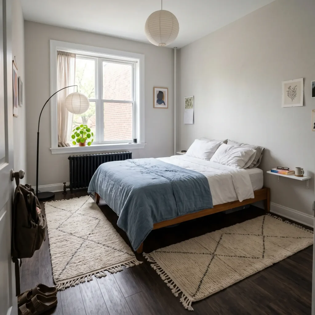 Small bedroom layout using two wool runner rugs on either side of a bed to navigate tight floor space and baseboard heaters.