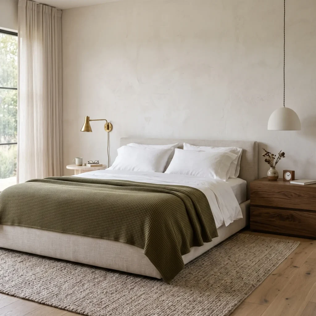 Master bedroom showing asymmetrical bedside design with a brass reading sconce on one side and a pendant light on the other.