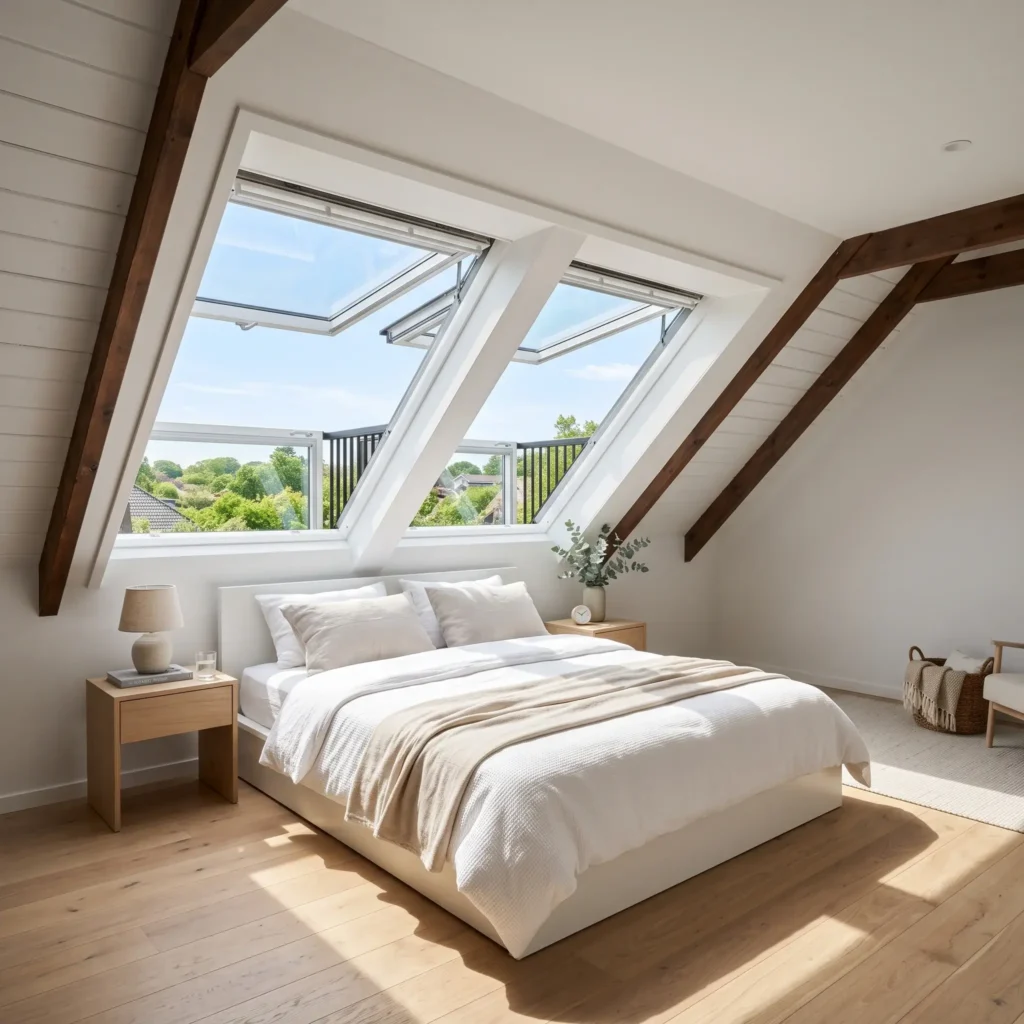Bright modern attic bedroom with open roof balcony windows providing views of the sky and tree tops.