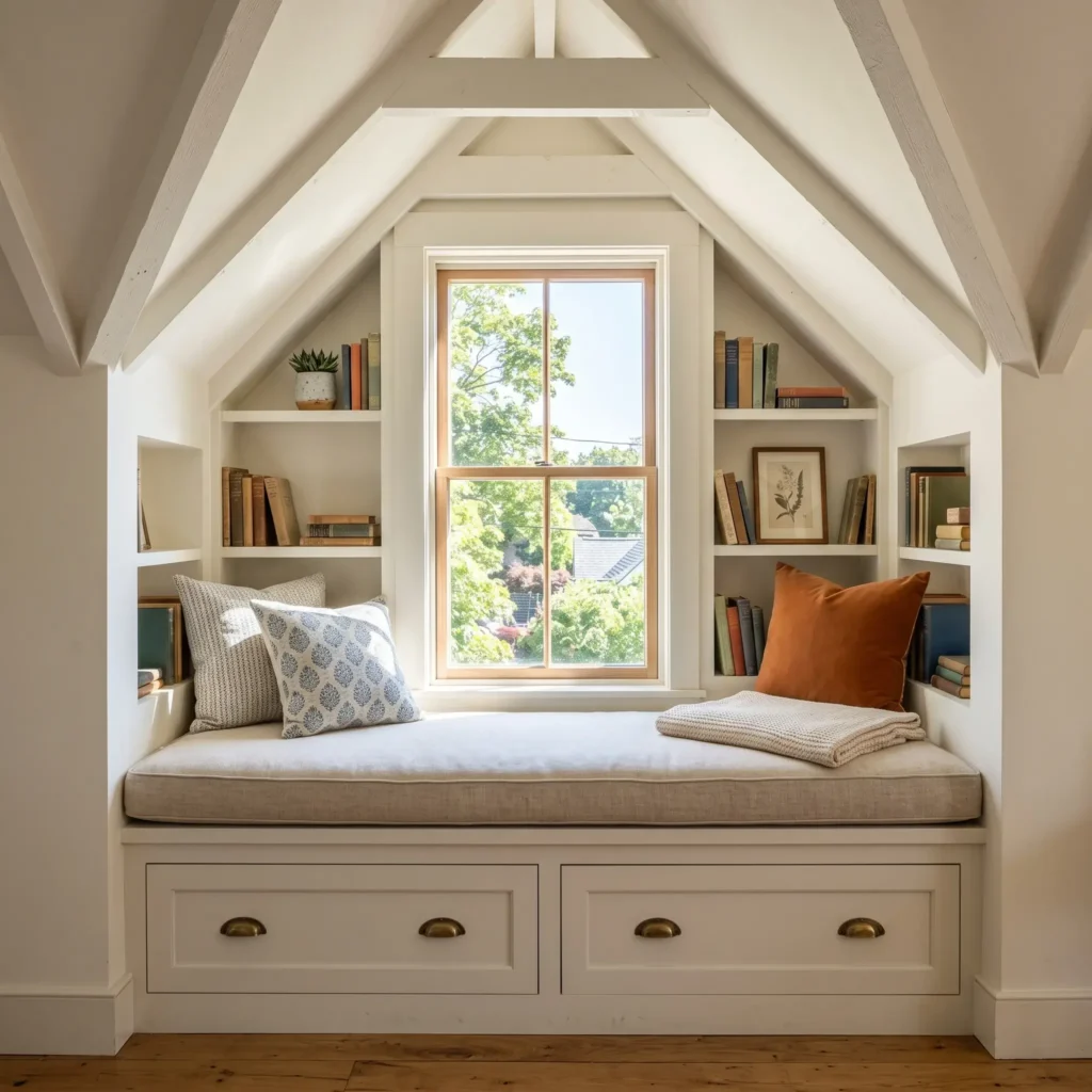 Built-in window seat banquette with storage drawers inside a sunny attic dormer window alcove.