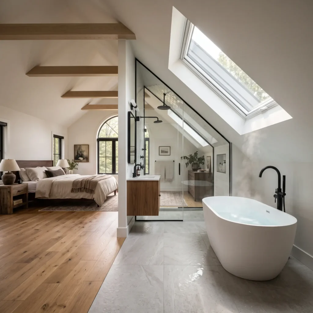 Primary attic suite featuring an open-concept en-suite bathroom with a freestanding white tub placed beneath a sloped ceiling.
