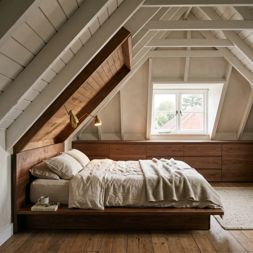Low walnut platform bed tucked under a sloped attic ceiling with built-in knee-wall storage drawers.