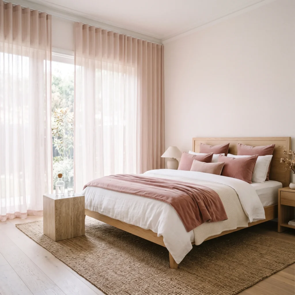 Bright bedroom with barely-there blush walls, sheer ceiling-height drapery, and a travertine nightstand.