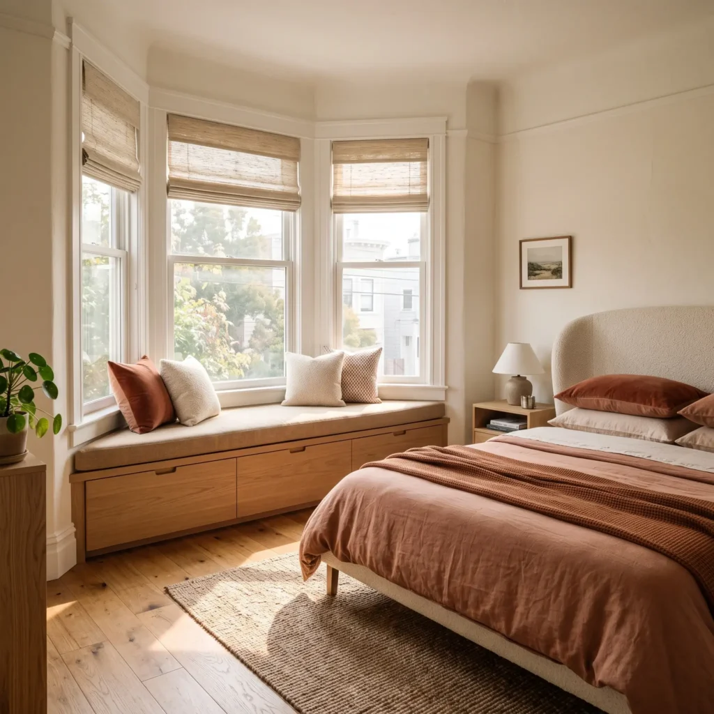 Bedroom layout with a centered Queen bed and a custom built-in window seat lounge with cushions and storage drawers.