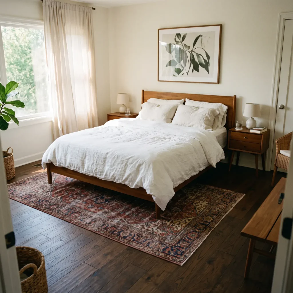 Bedroom showing an area rug positioned under the lower two thirds of a queen-sized bed.