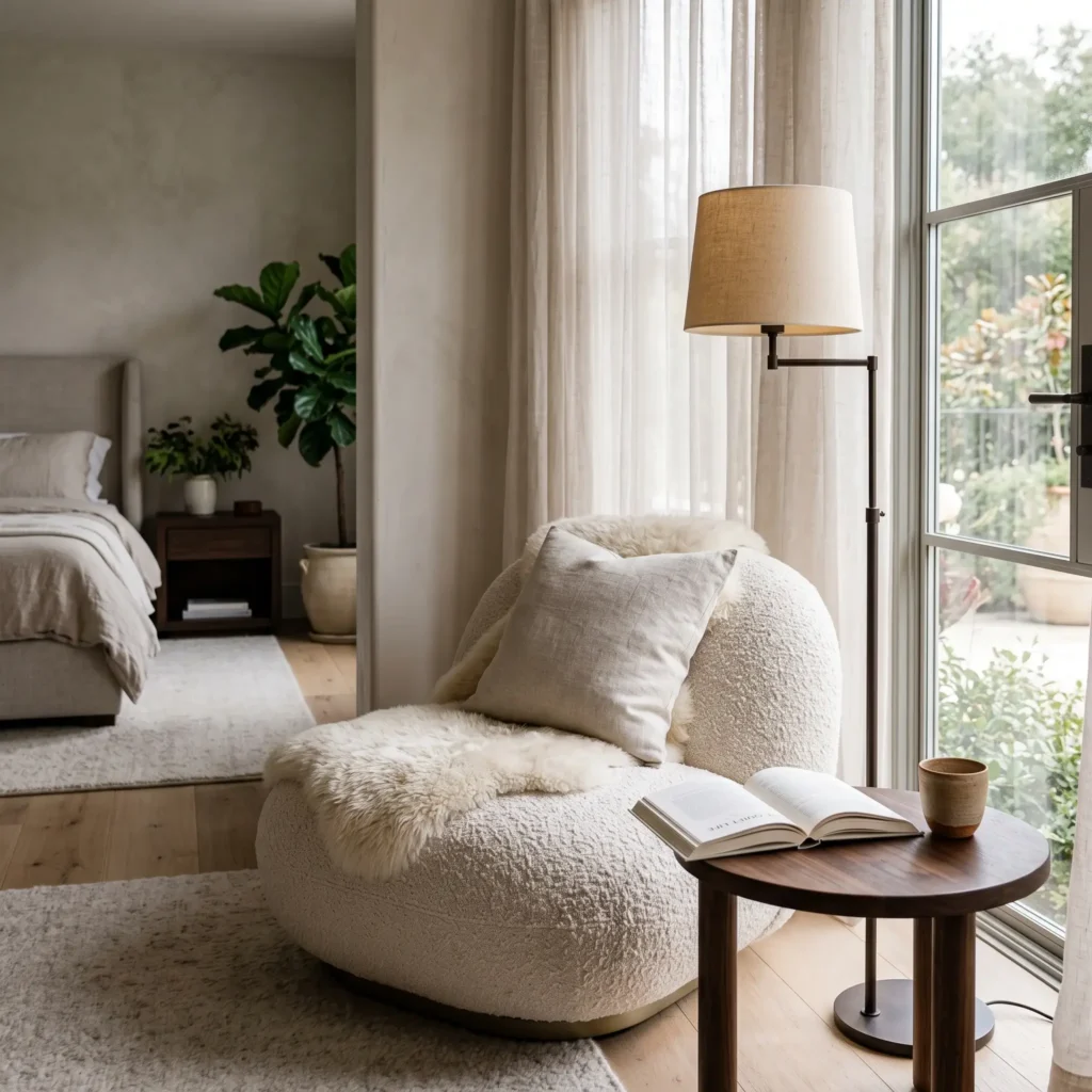 Cozy reading corner in a master bedroom with a cream bouclé lounge chair and slim bronze floor lamp.