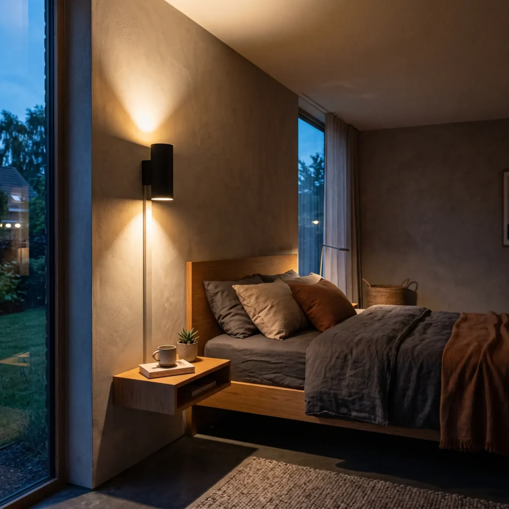 A black metal wall sconce casting warm light upward toward the ceiling and down over a bed.