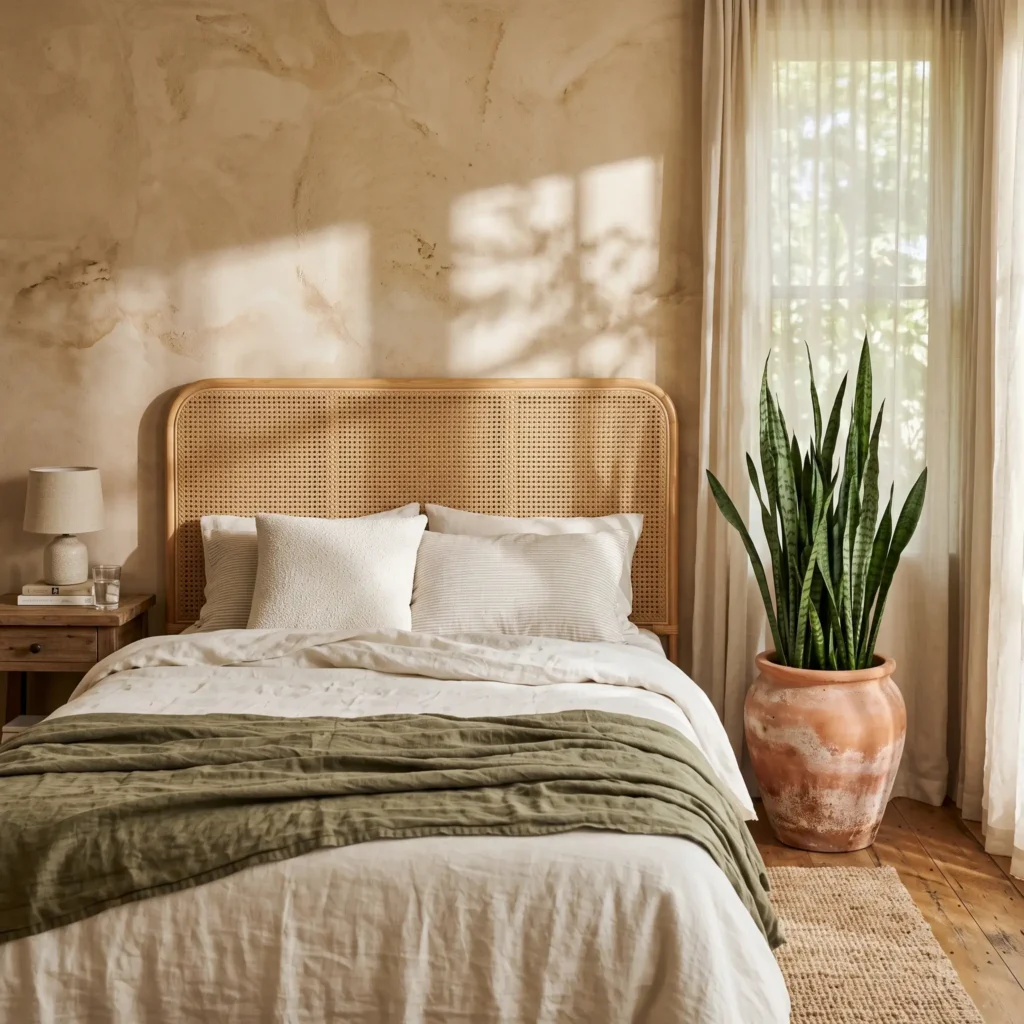 Sunny earthy bedroom featuring a rattan headboard and mature snake plants in terracotta pots.