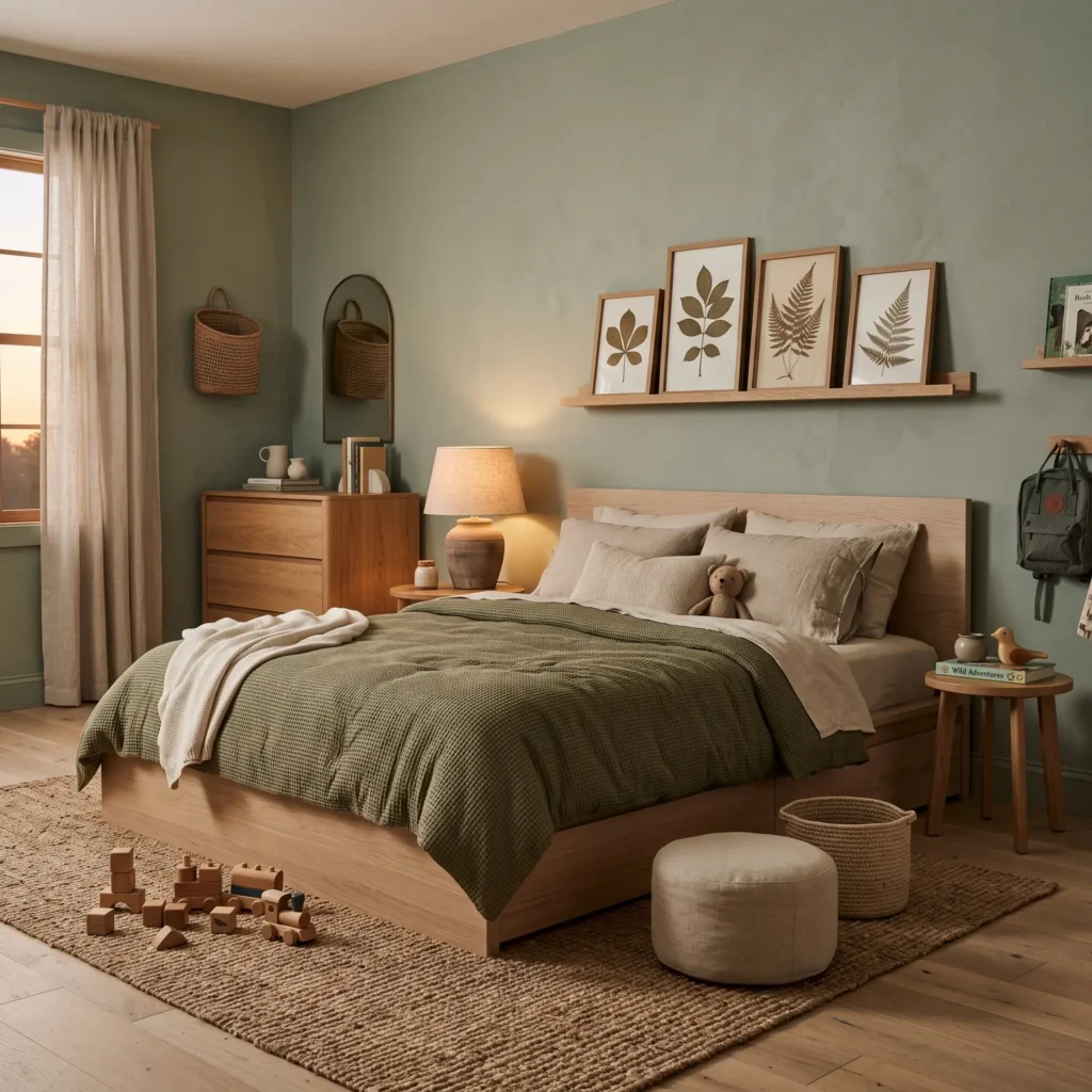 Nature-themed children's bedroom with soft sage green walls, light wood platform bed, and botanical art prints.