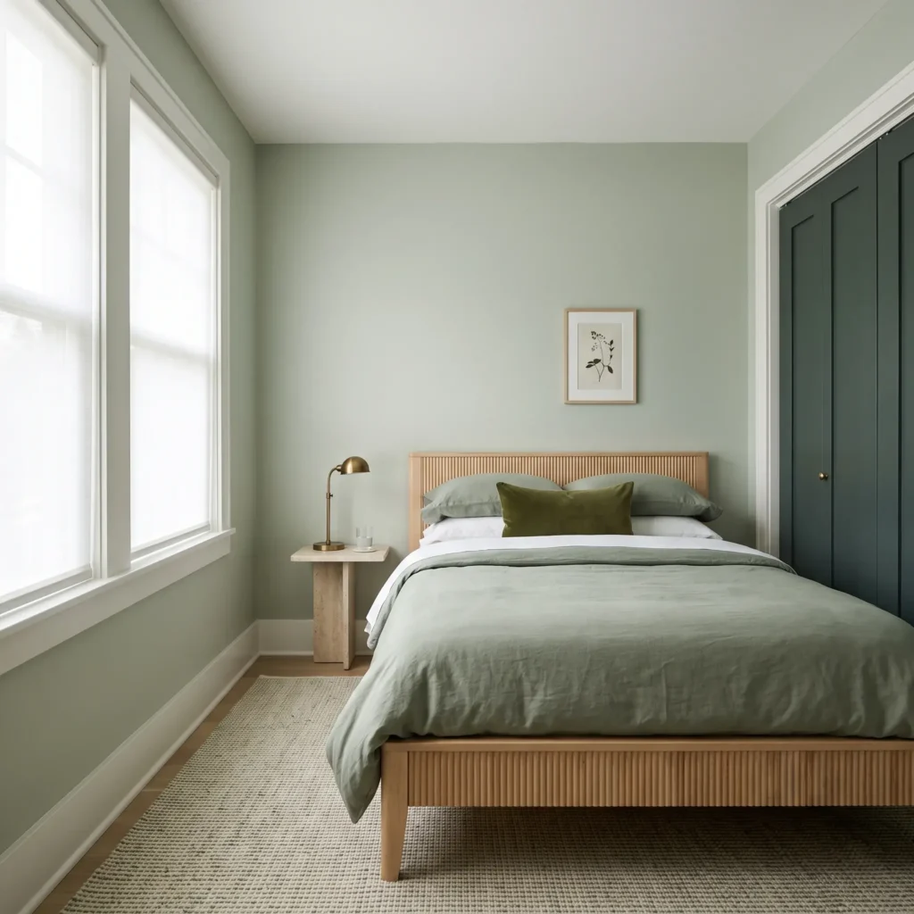 Narrow bedroom featuring Benjamin Moore Healing Aloe walls and fluted wood headboard.