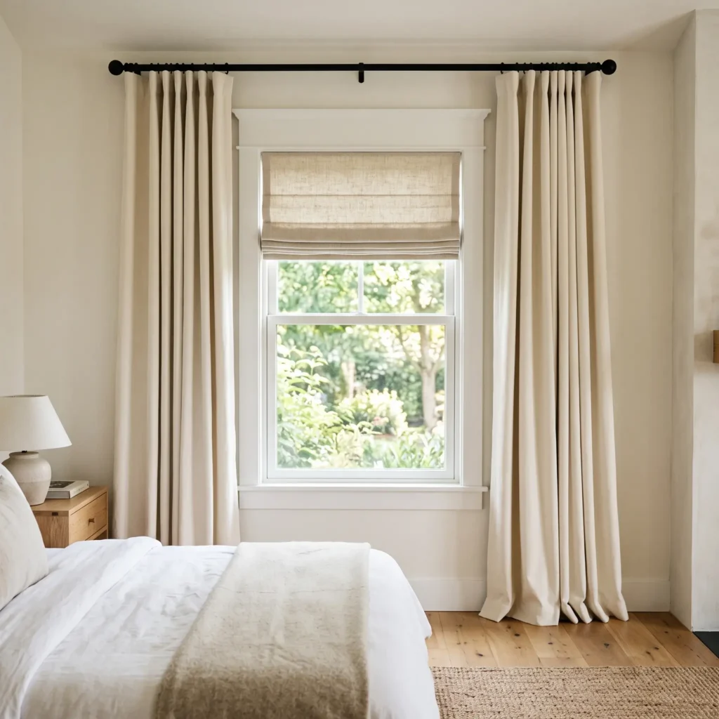 Tailored linen blackout Roman shade paired with floor-skimming canvas curtains in a boy's bedroom.