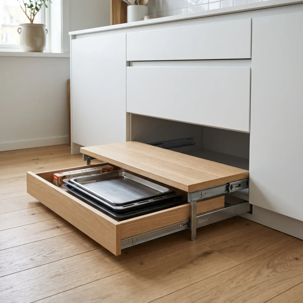 Concealed kitchen plinth step-drawer pulled out from the toe-kick cavity, showing a step platform and tray storage.