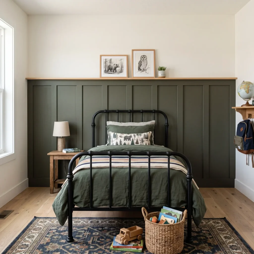 Dark green two-thirds board and batten wall paneling behind a twin bed in a boy's bedroom.