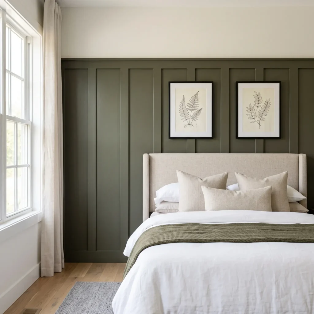 Bedroom featuring a dark olive green board and batten feature wall behind a neutral upholstered bed.