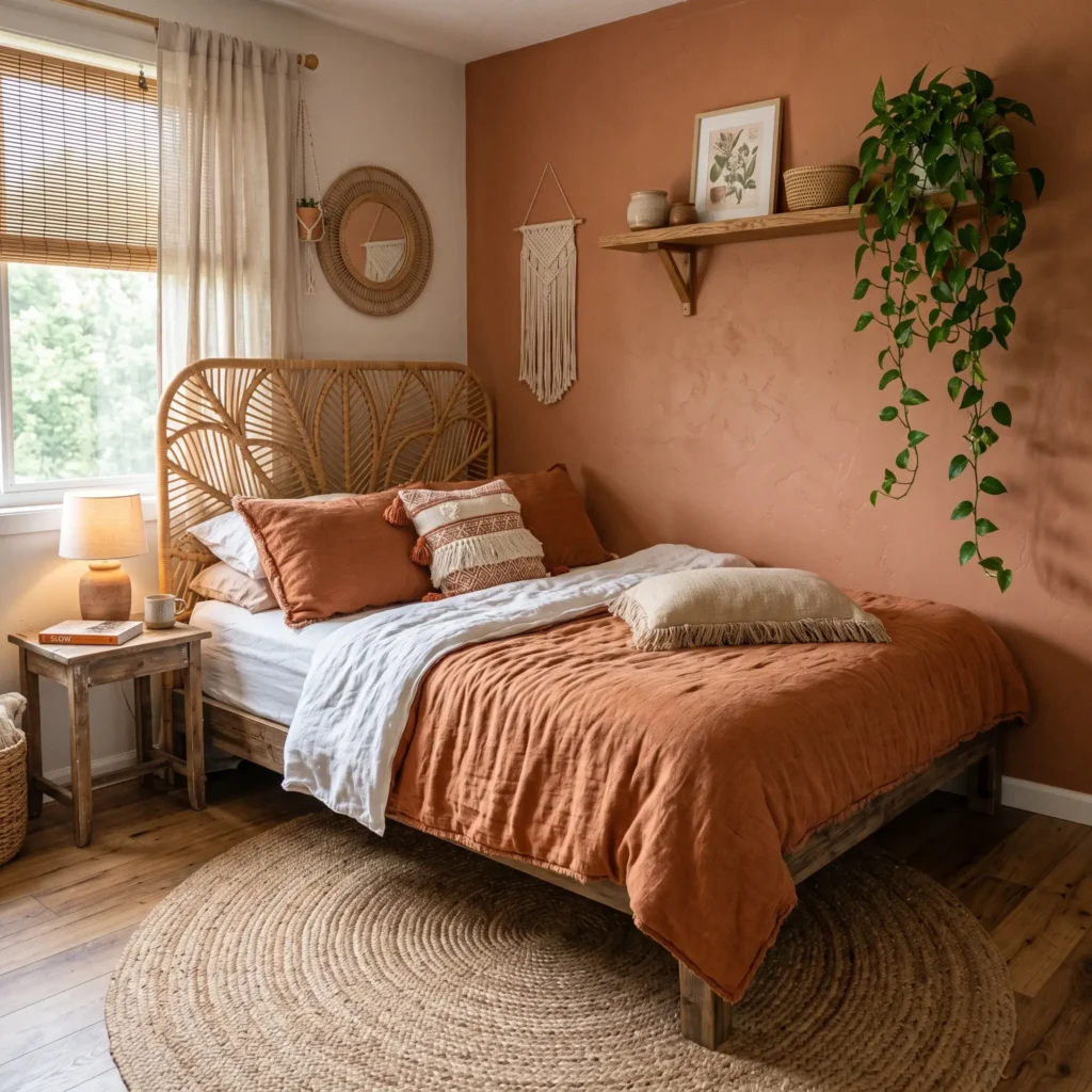 Bohemian terracotta bedroom featuring a braided jute rug, round rattan headboard, and trailing indoor houseplants.