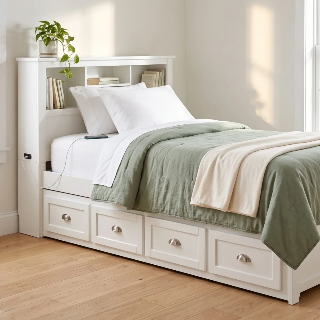 White wooden captain's bed with built-in headboard shelving, phone charger port, and deep storage drawers in a teen bedroom.