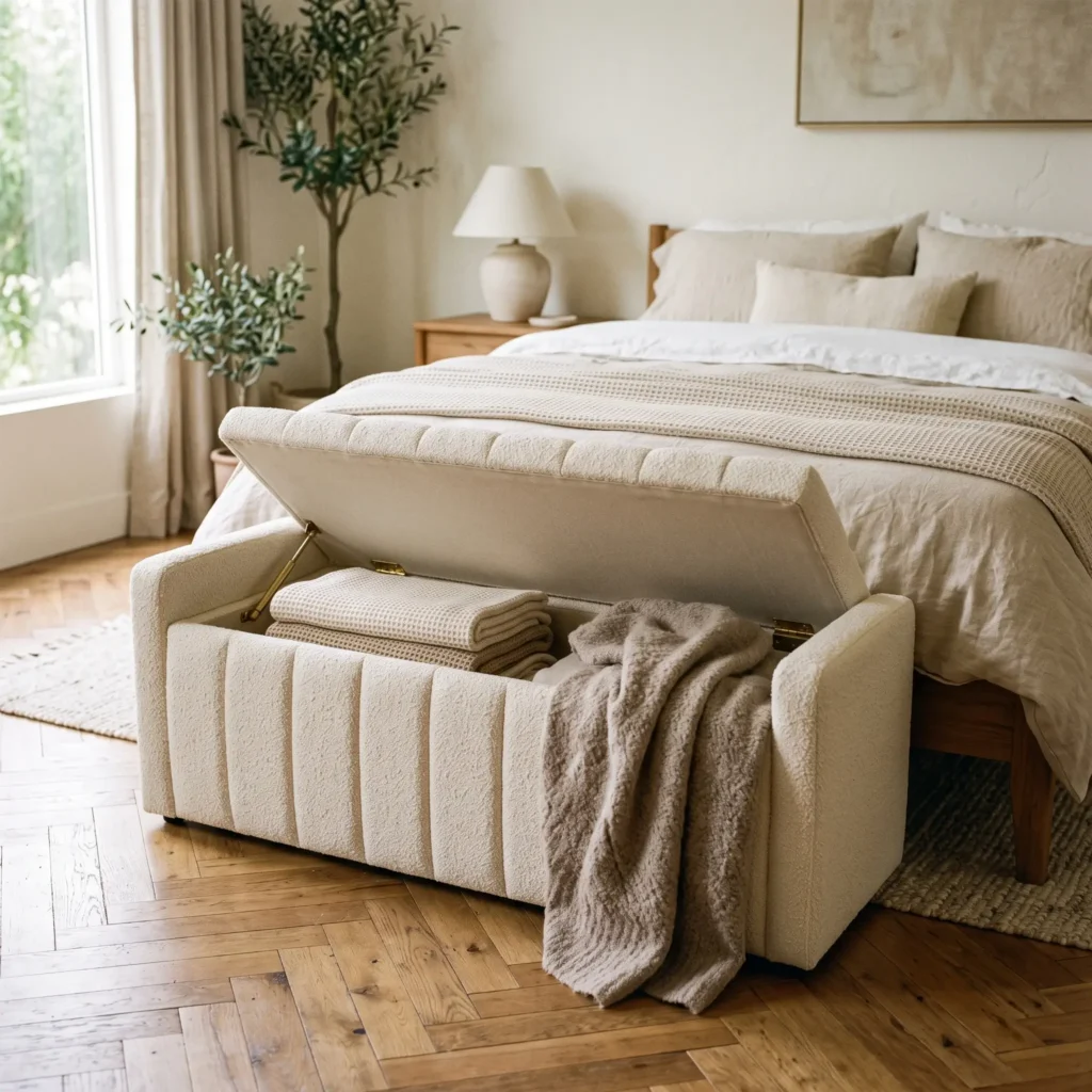 Textured cream bouclé storage bench placed at the foot of an oak bed with its lid slightly open.