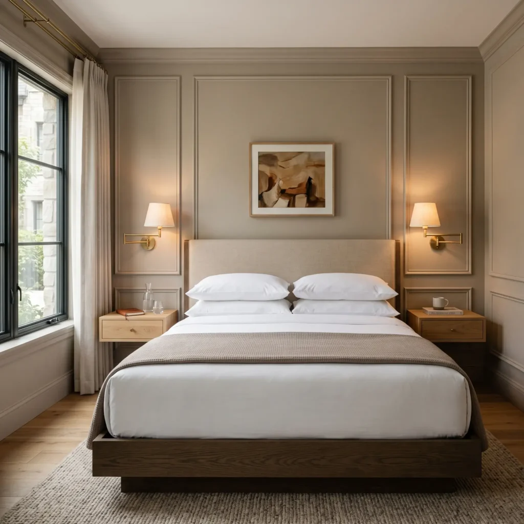 Symmetrical guest bedroom with picture frame wall molding, floating nightstands, and brass reading sconces.