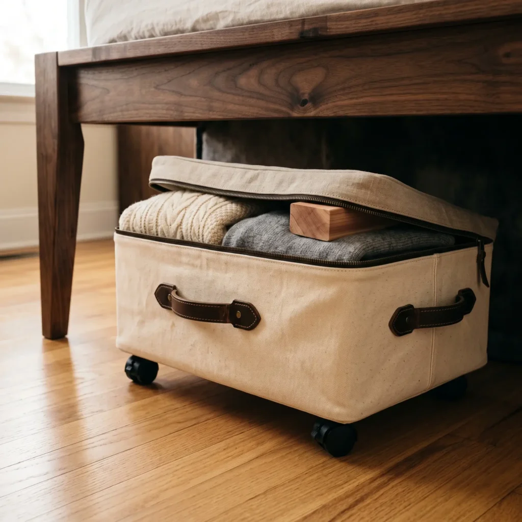 Heavy unbleached cotton canvas storage boxes on low-profile wheels sliding out from under a low wooden bed frame.