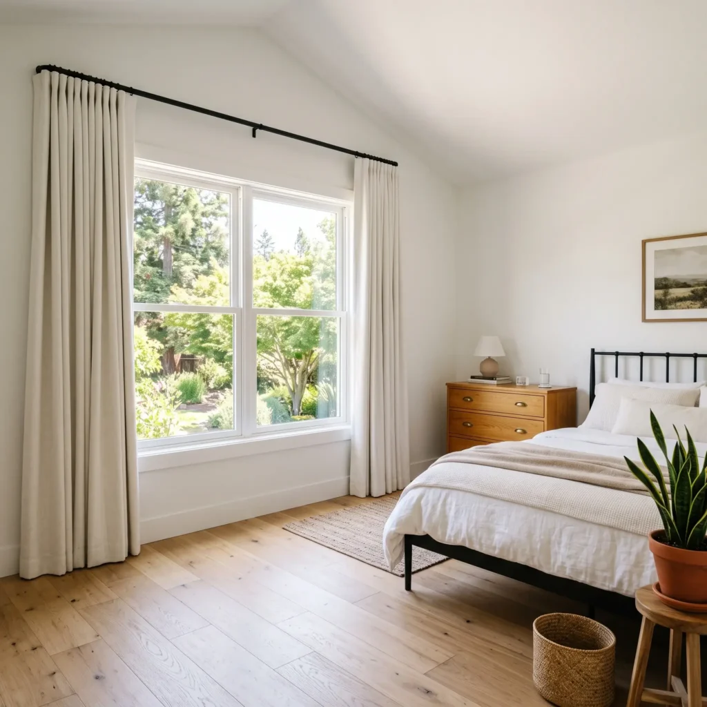 Bright guest bedroom with French return curtain rods hung high and wide around a clean window.