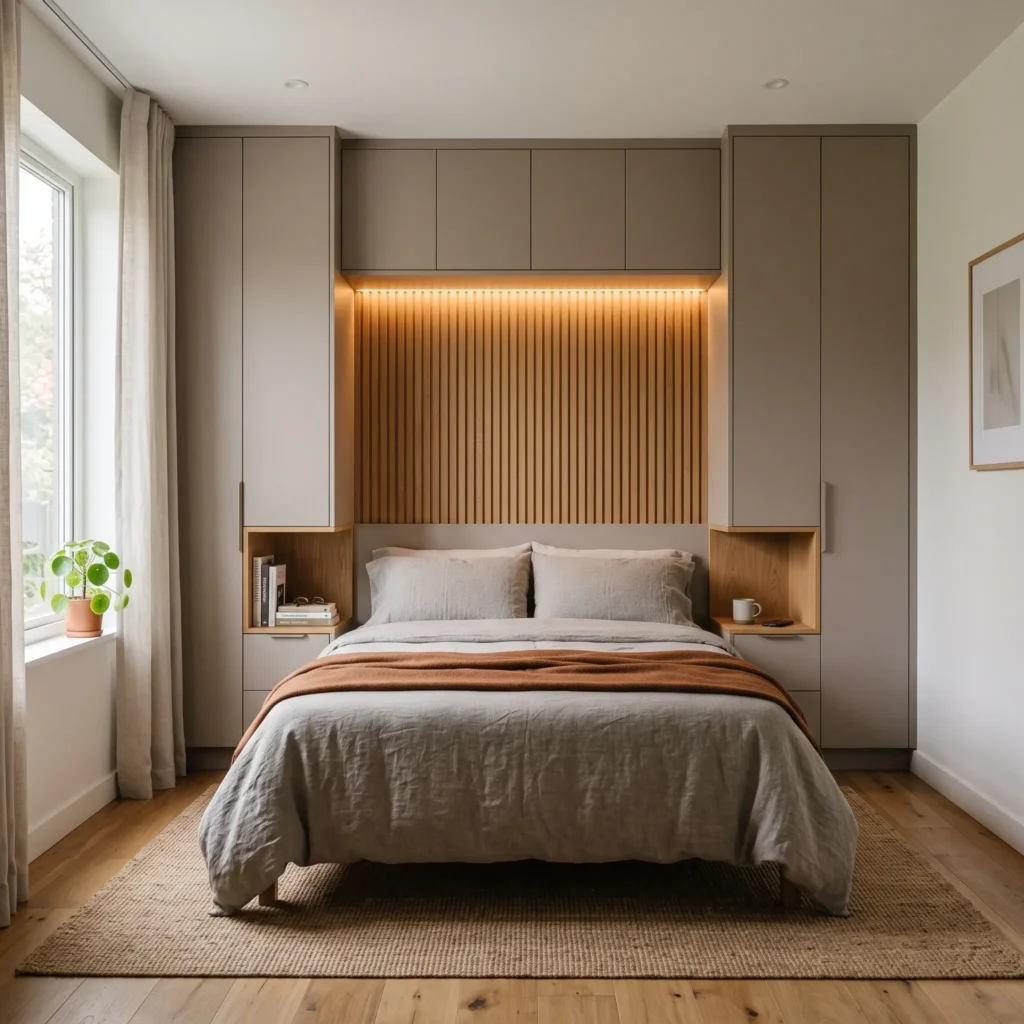 Built-in bridge wardrobe bedroom layout with overhead cabinetry framing a Queen bed in a compact square room.