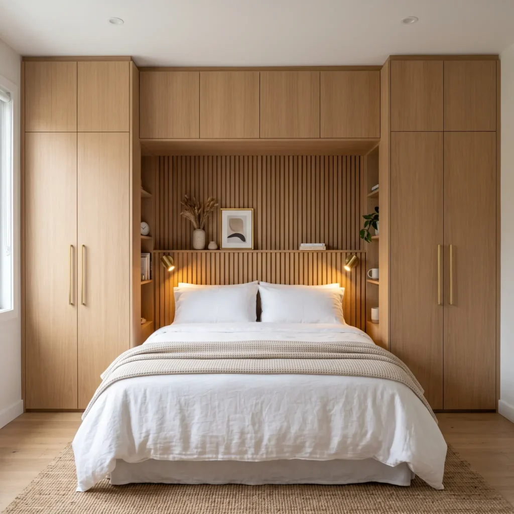 Bedroom featuring built-in wardrobe towers flanking the bed with enclosed overhead bridge cabinets creating a cozy niche.