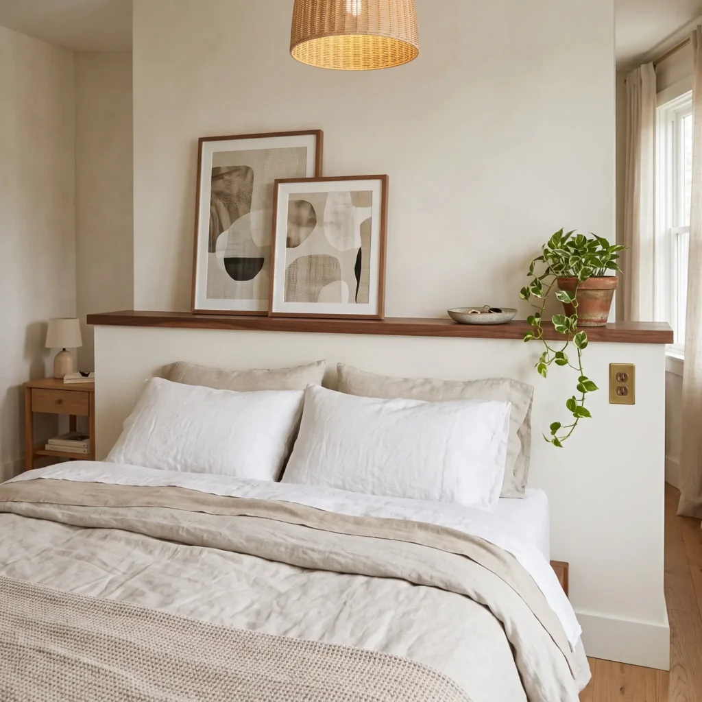 Shallow wood-topped headboard ledge running behind the bed holding framed art and ceramics, with charging cables hidden.