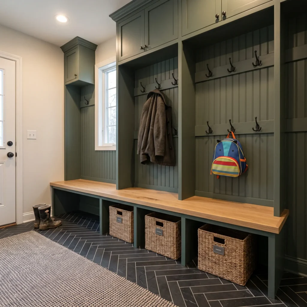 Built-in mudroom bench painted deep slate green with vertical locker cubbies, dual coat hooks, and pull-out shoe baskets.