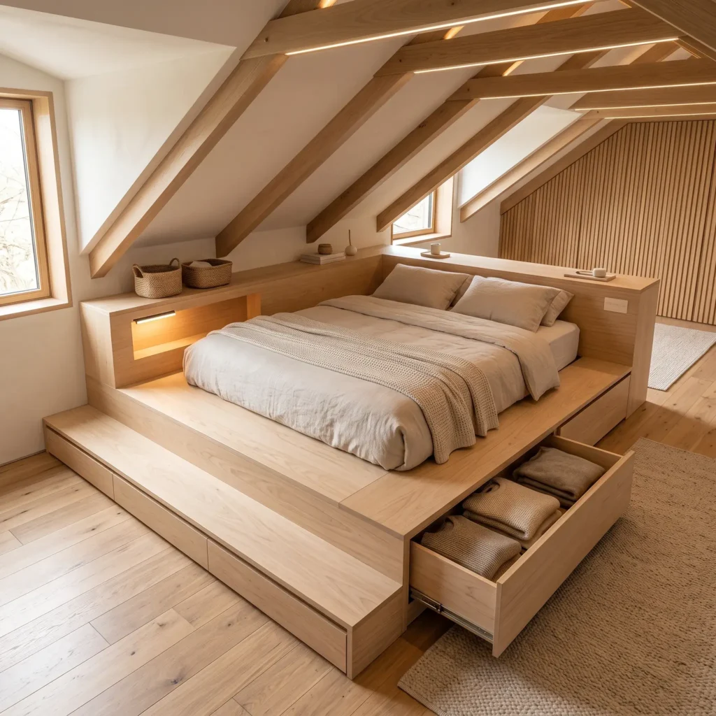 Low-profile birch plywood platform bed featuring integrated perimeter pull-out drawers and a hydraulic lift deck.