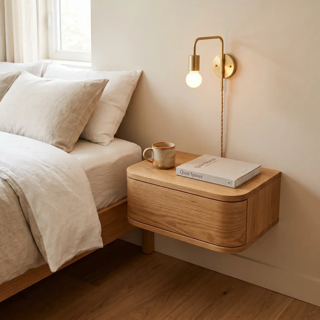 Oak floating nightstand mounted to the wall with unbroken floor space visible underneath.