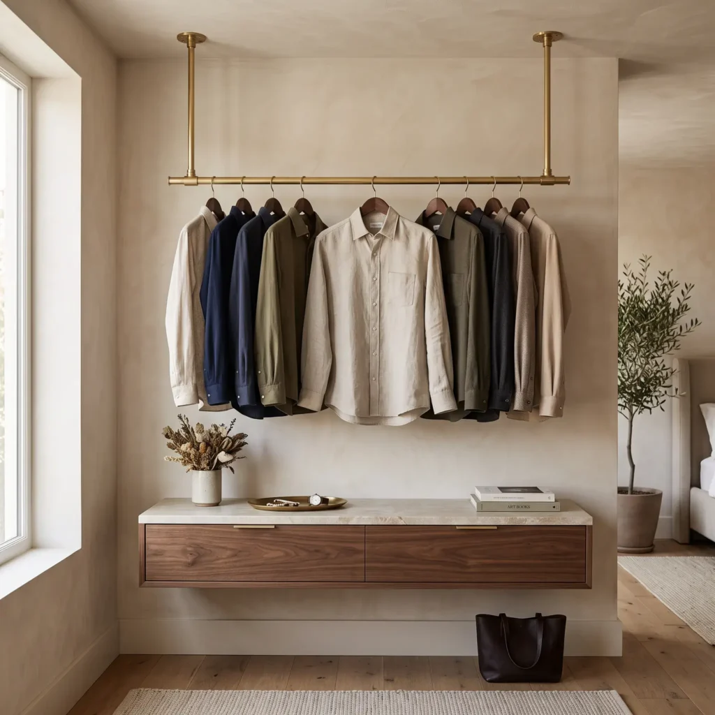 Minimalist ceiling-hung solid brass clothing rail paired with a floating oak storage drawer credenza beneath.