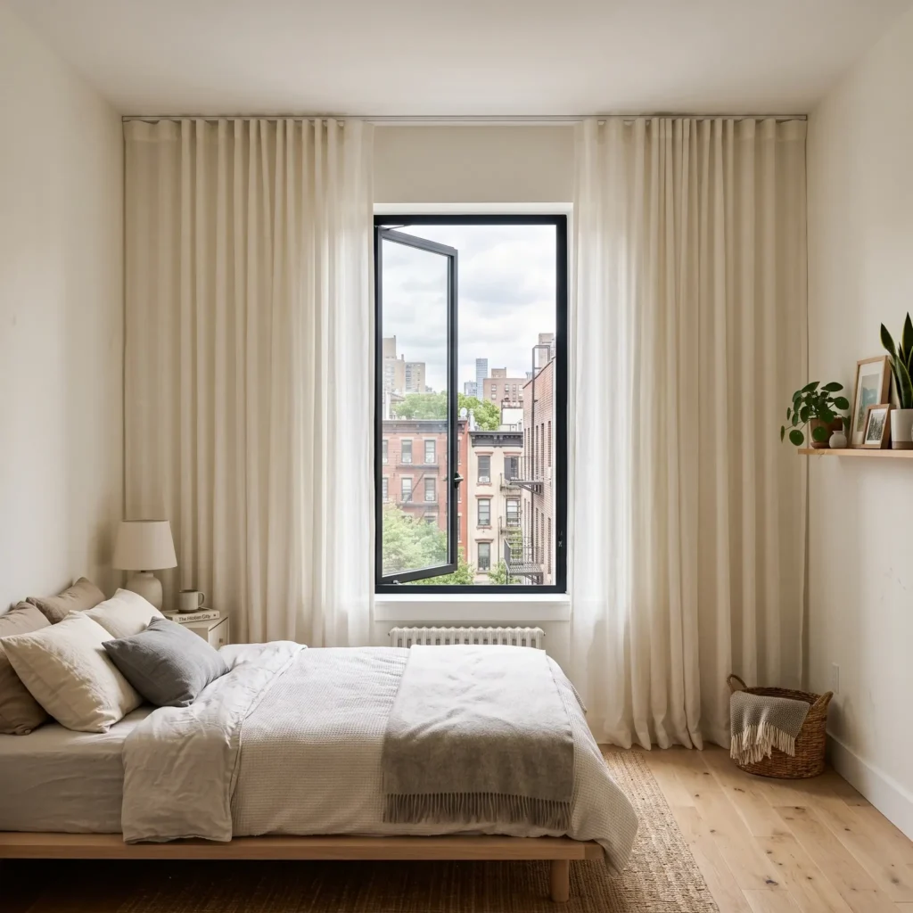 Floor-to-ceiling sheer linen curtains hung from a concealed ceiling track in a small bedroom.