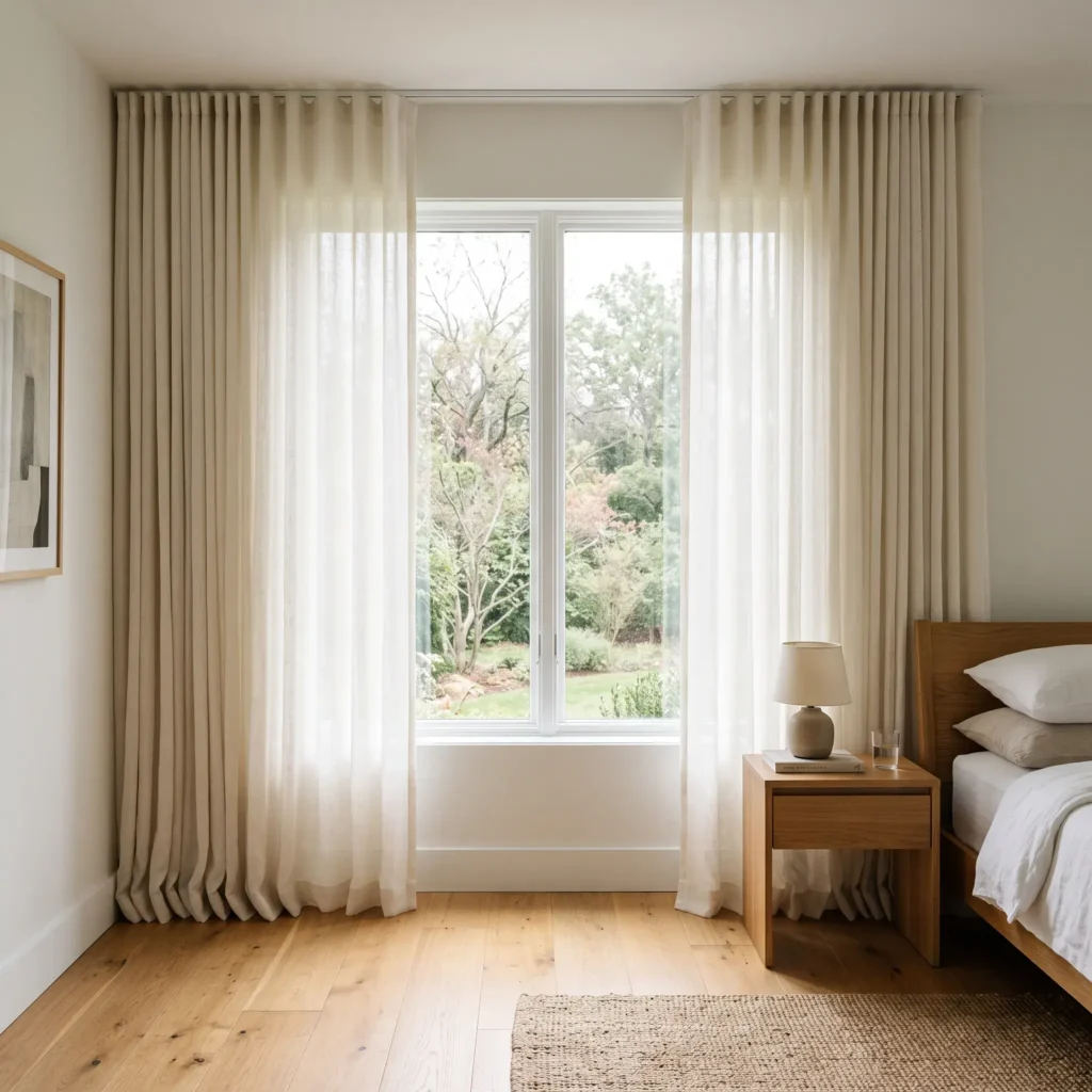 Ceiling-mounted ivory linen curtains spanning wall to wall across the short end of a narrow bedroom.