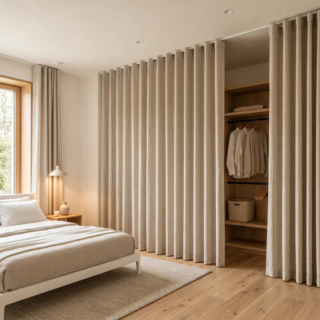 Heavyweight linen Ripplefold curtains hanging from a flush ceiling track to conceal bedroom storage.