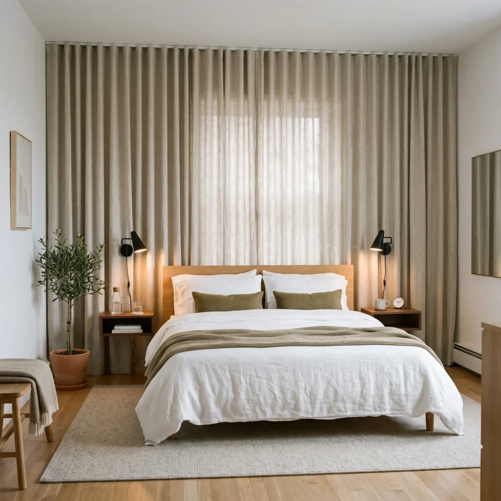 Queen bed centered against a full wall of floor-to-ceiling linen curtains covering an off-center window.