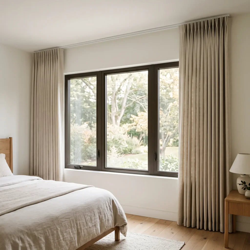 Neutral floor-to-ceiling linen curtains hung from a track mounted directly to the ceiling.