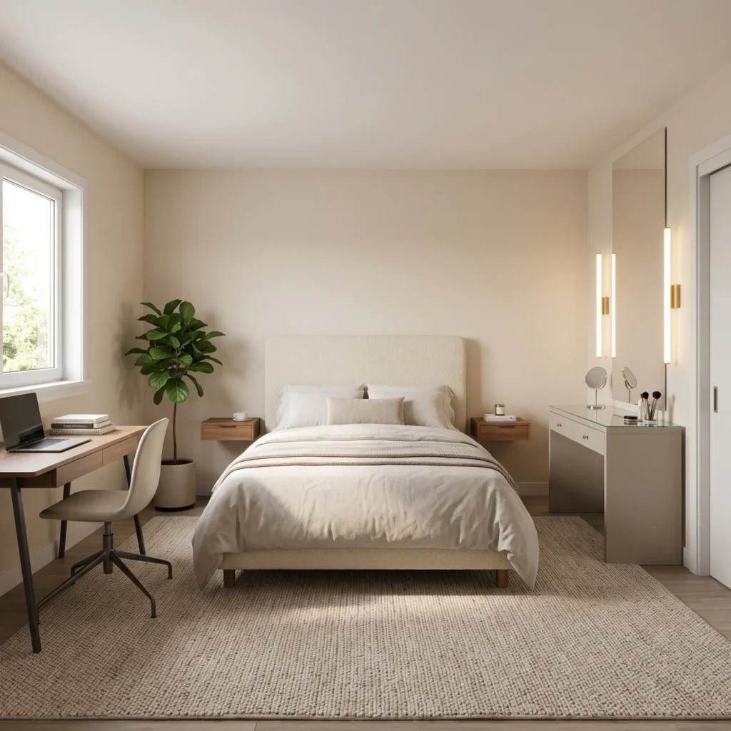 Centered queen bed teen girl bedroom layout featuring separate study desk and makeup vanity.