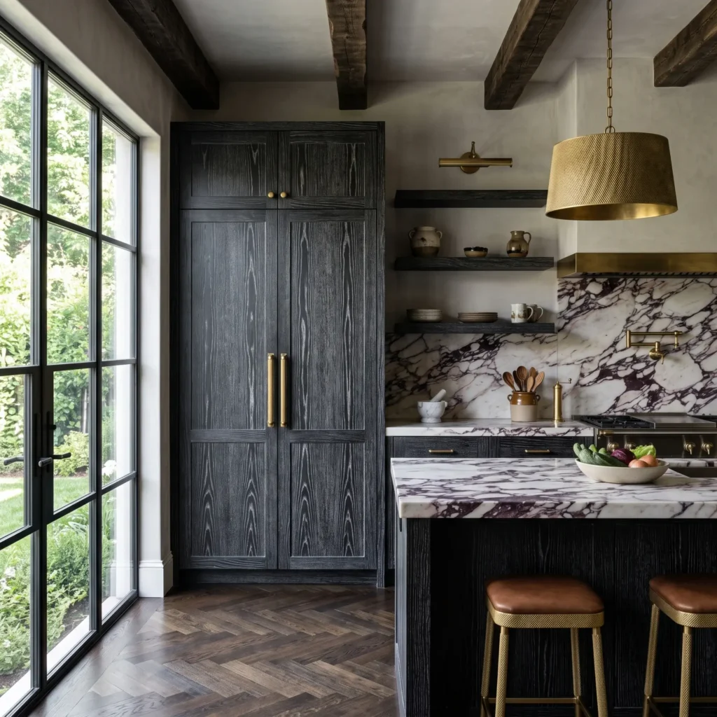 Cerused black oak kitchen cabinets with highlighted white wood grain and knurled brass hardware.