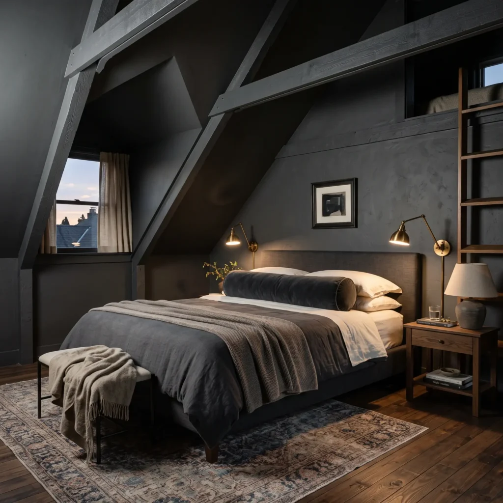 Moody attic bedroom featuring dark charcoal color-drenched walls and sloped ceilings with warm brass wall sconces.