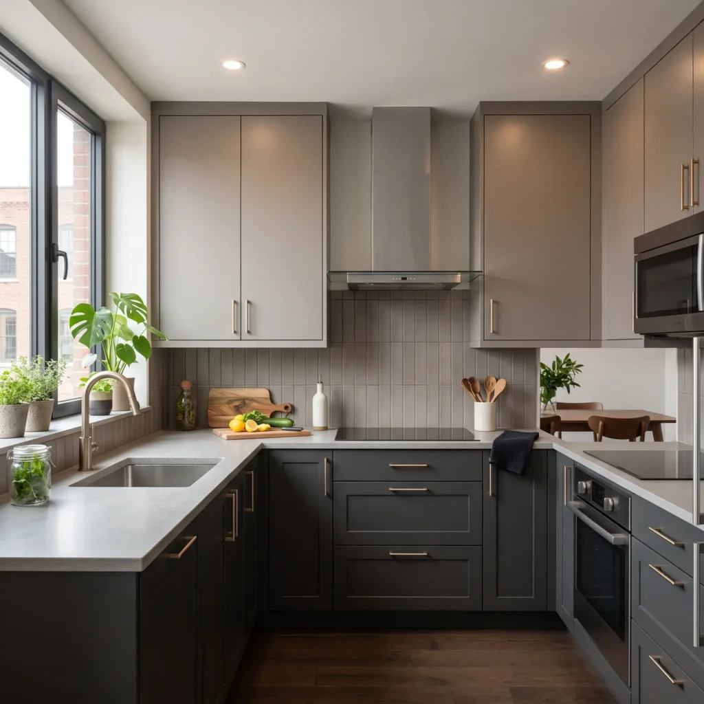 Contemporary kitchen with warm taupe upper cabinets, dark charcoal lower cabinets, and champagne bronze handles.
