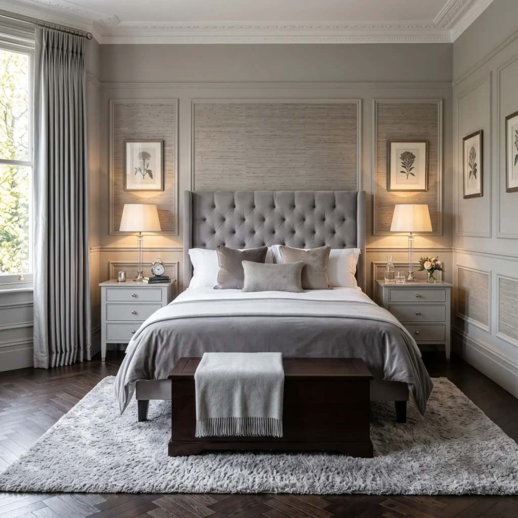 Elegant transitional master bedroom featuring classic wainscoting painted in Farrow and Ball Purbeck Stone grey framing textured natural grey grasscloth wallpaper.
