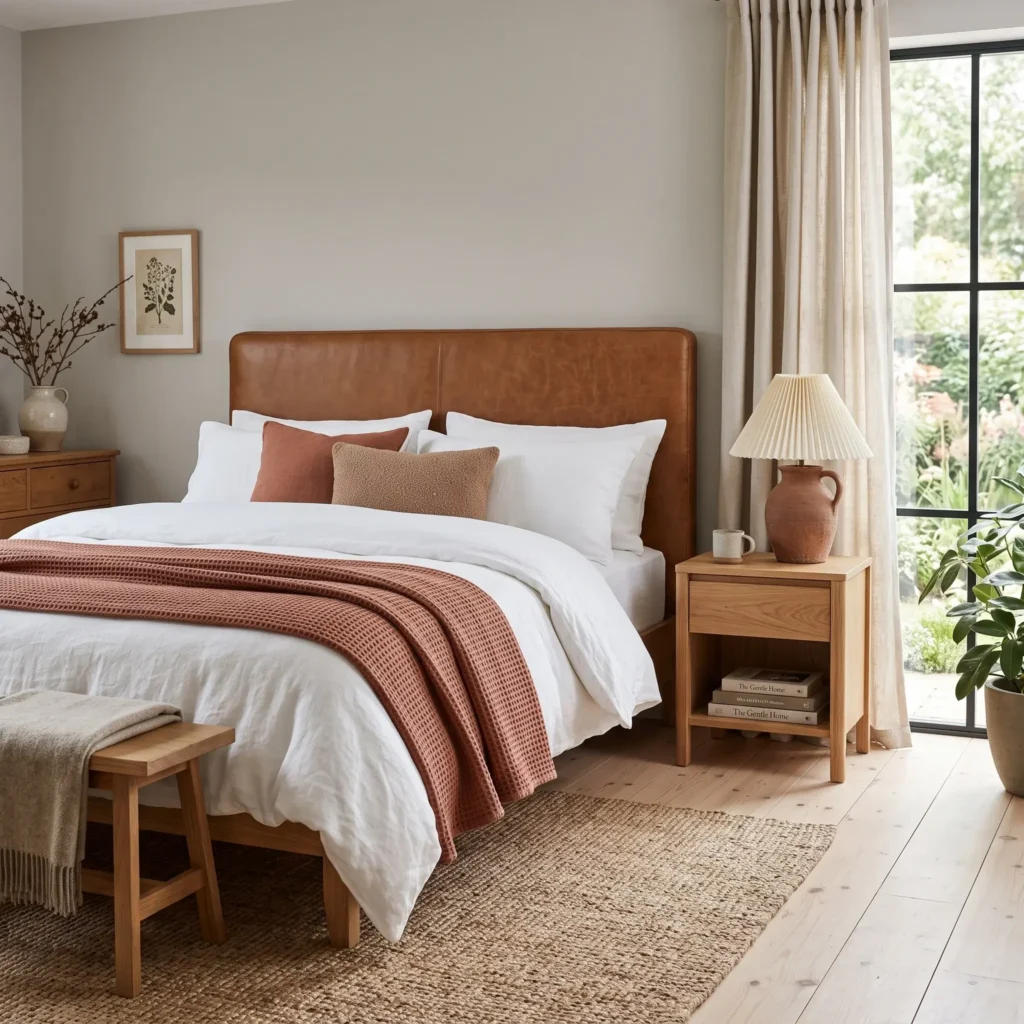 Warm transitional bedroom with Sherwin-Williams Repose Gray walls accented by a rich terracotta washed linen waffle throw blanket and camel leather slipcover headboard.
